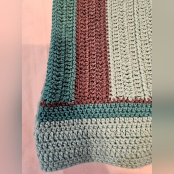 Handmade Upcycled Baby Blanket Blue Brown Striped Hand knit Crochet Nursery Gift - Picture 14 of 16